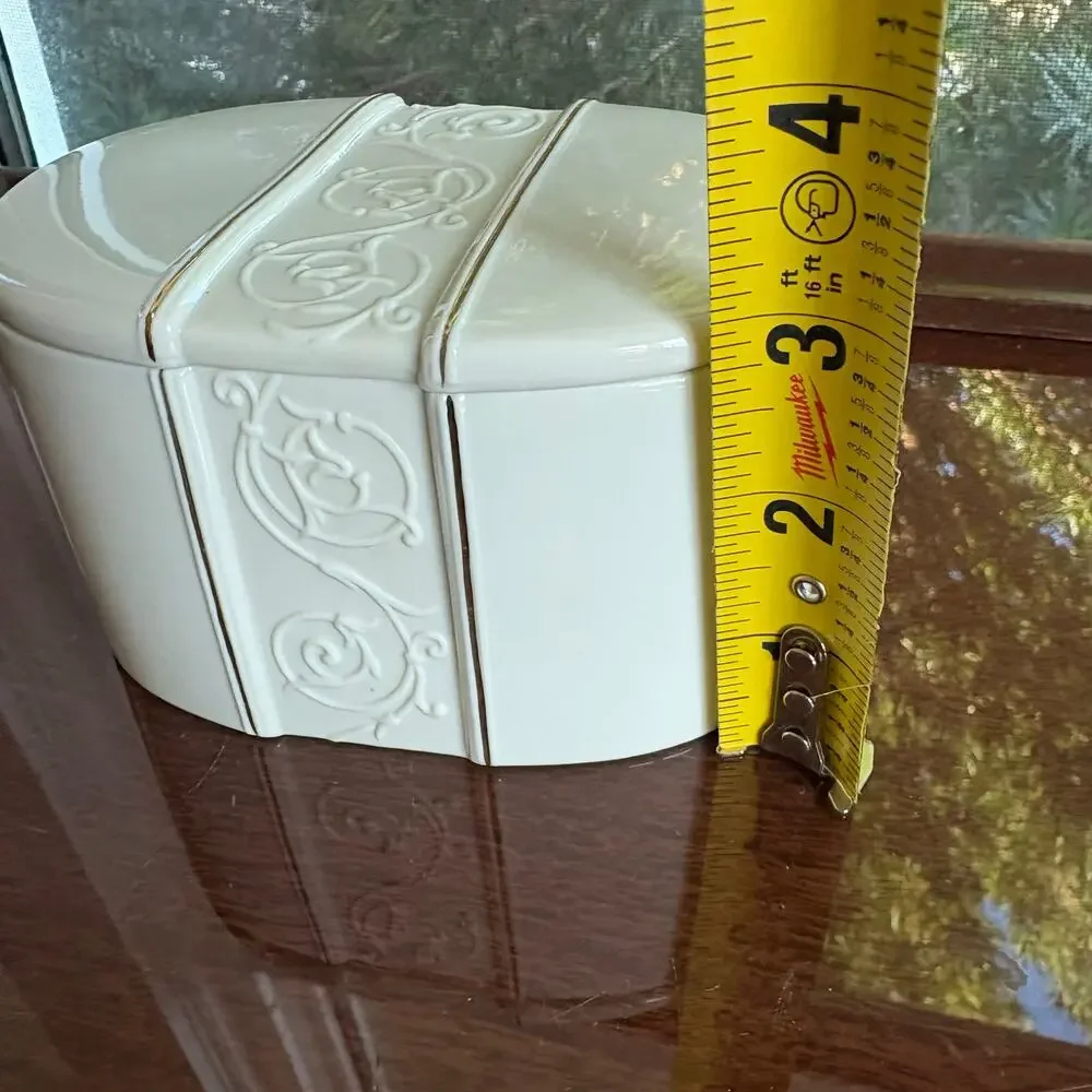 Vintage Croscill White Ceramic Trinket Box Oval with Gold Trim Scrolls